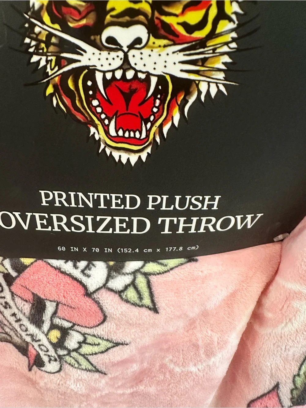 Ed Hardy Pink and Black Printed Plush Oversized Throw